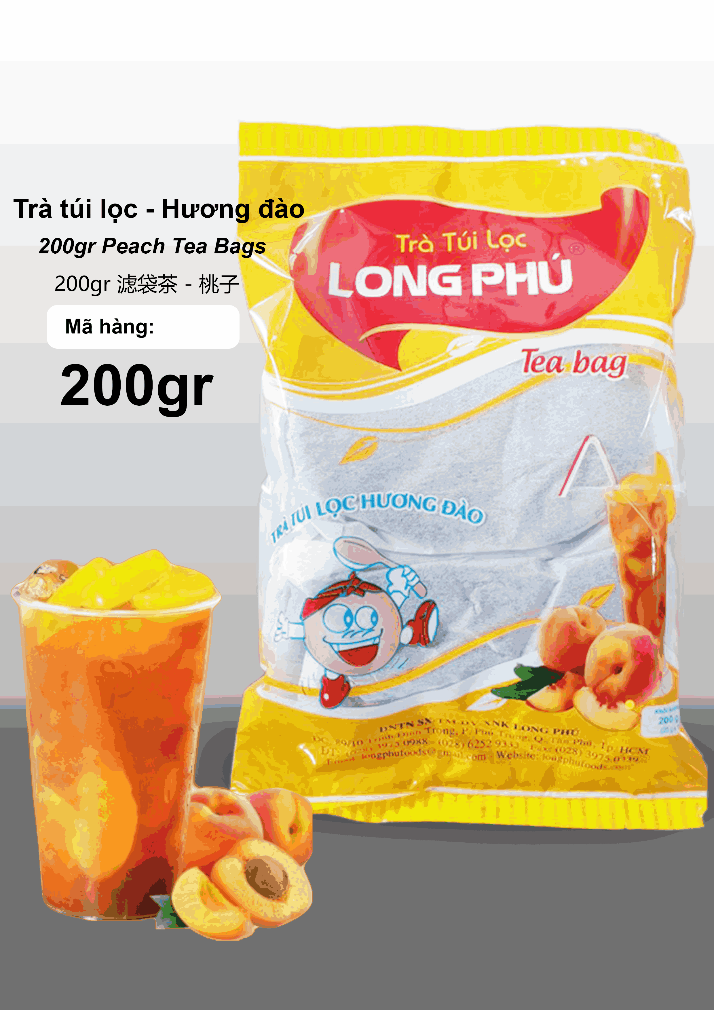 Trà ĐÀO Túi lọc Long Phú gói 200gr (10gói*20gr) - Thơm hương Đào, đậm vị trà thiên nhiên