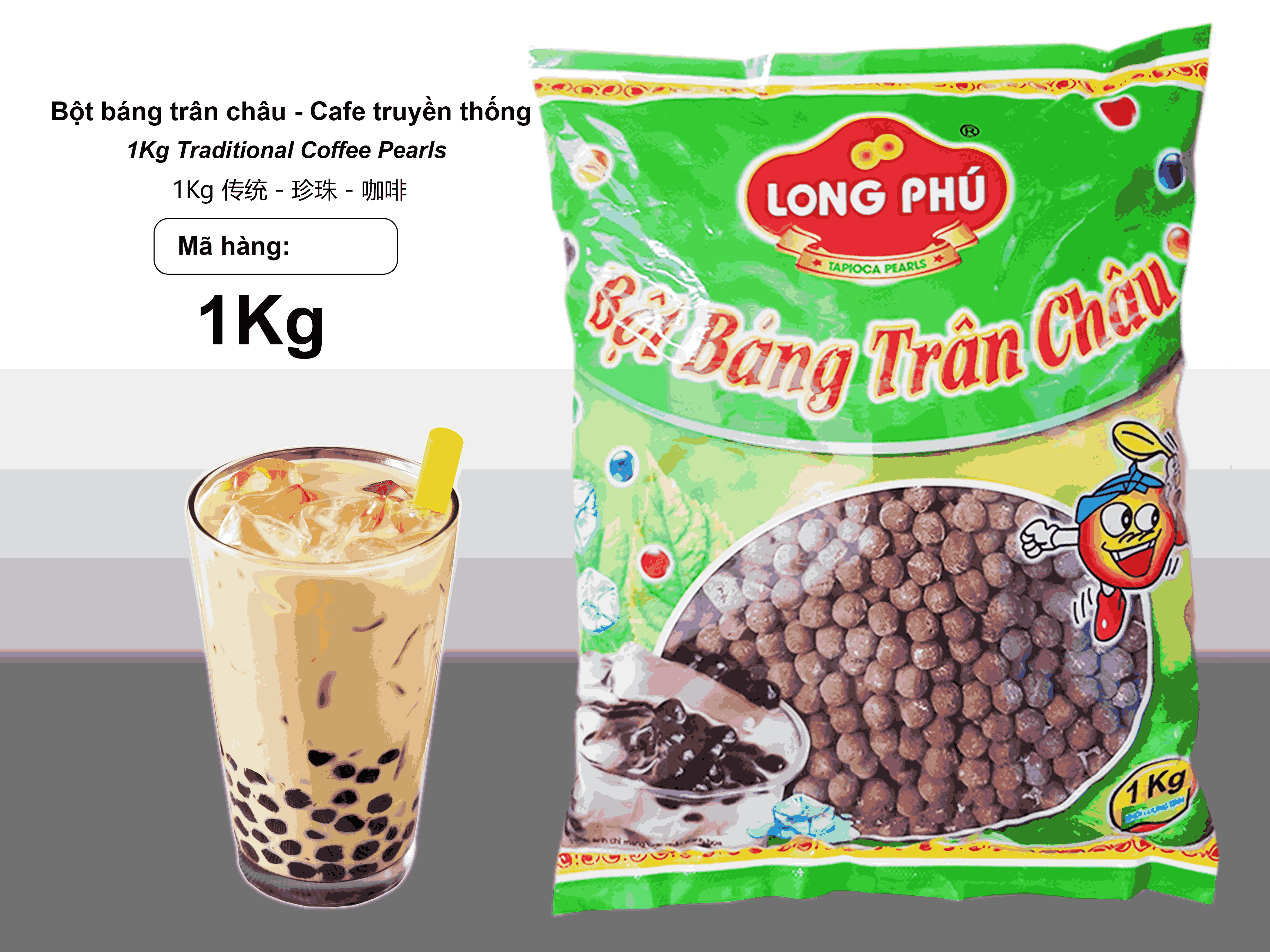 Bột Báng Trân châu Hương CAFE Đặc Biệt Long Phú gói 1kg - Size Trung Truyền thống - Không có vị ngọt