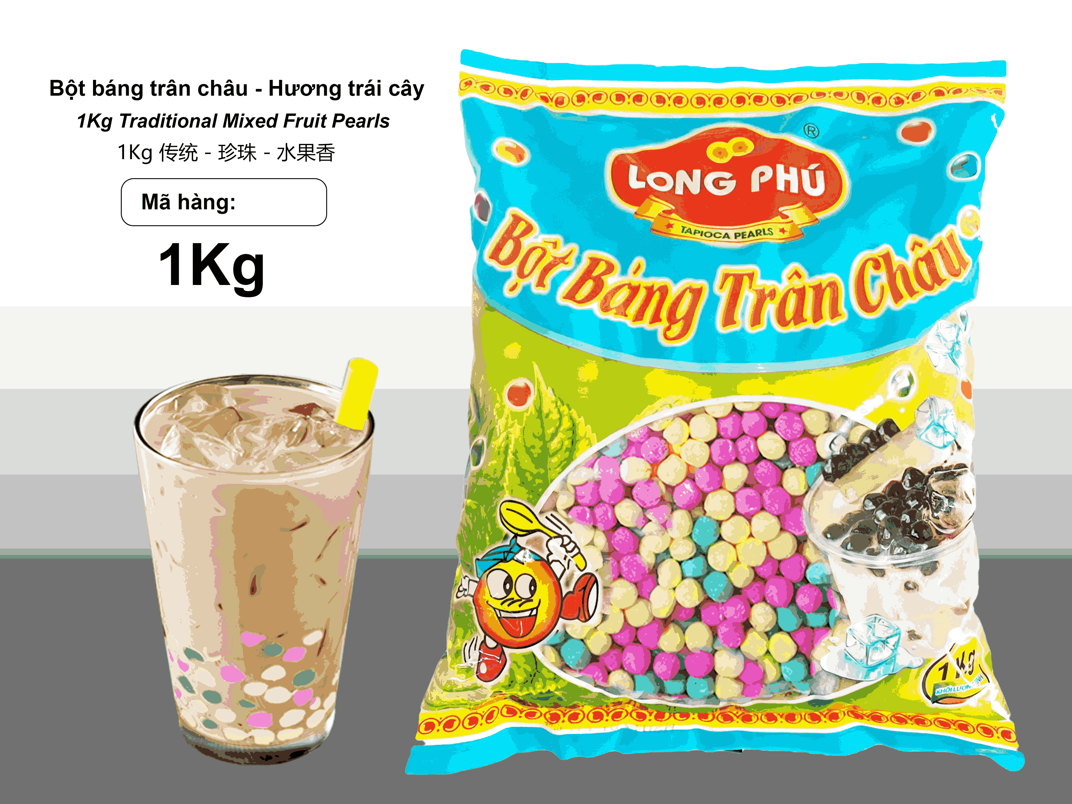 Bột Báng Trân châu Hương TRÁI CÂY MIX 3 VỊ Đặc Biệt Long Phú gói 1kg - Size Trung Truyền thống - Không có vị ngọt
