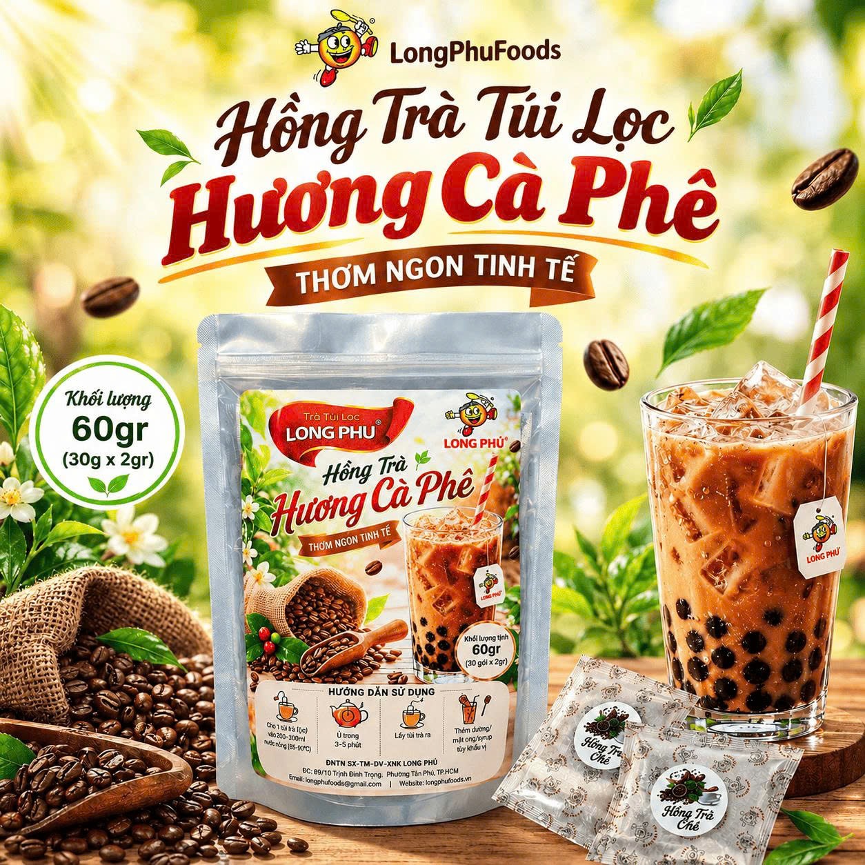 Hồng Trà Hương CAFE Túi Lọc MINI 2gr Long Phú – Gói 60gr (30 gói × 2gr, Thơm Hương Cafe, Đậm Vị Trà)