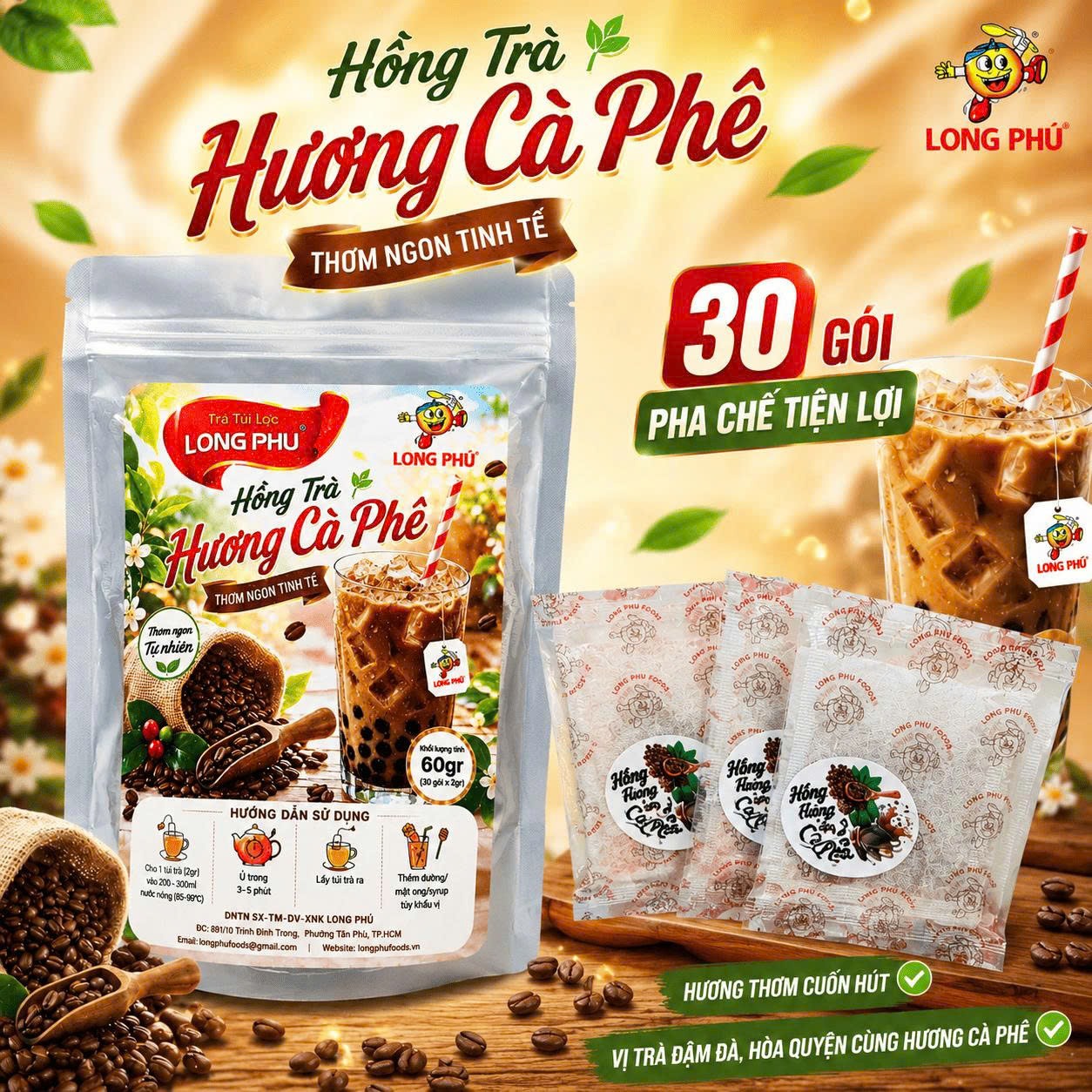Hồng Trà Hương CAFE Túi Lọc MINI 2gr Long Phú – Gói 60gr (30 gói × 2gr, Thơm Hương Cafe, Đậm Vị Trà)