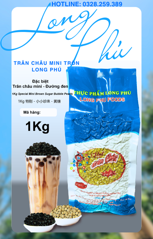 Trân châu Mini ĐƯỜNG ĐEN Đặc Biệt Long Phú gói 1kg - Size mini (hạt tiêu) 1.2li - Không có vị ngọt