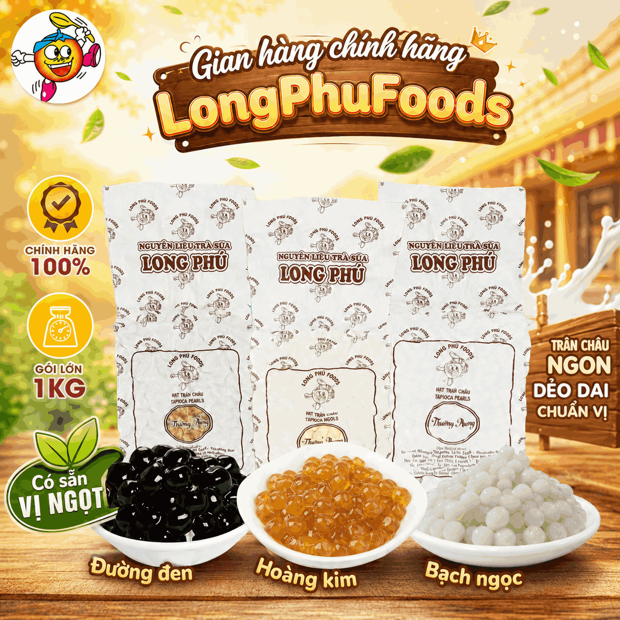 Trân châu HOÀNG KIM Thượng Hạng Long Phú gói 1kg - Size Trung Truyền thống - Có vị ngọt
