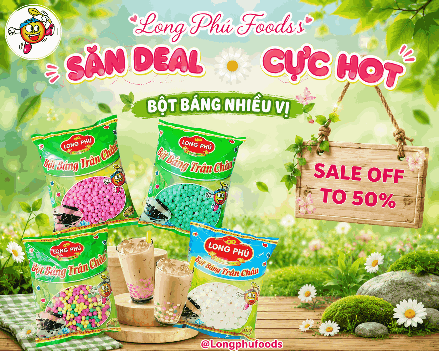 Bột Báng Trân châu Hương DÂU TÂY Đặc Biệt Long Phú gói 1kg - Size Trung - Không có vị ngọt