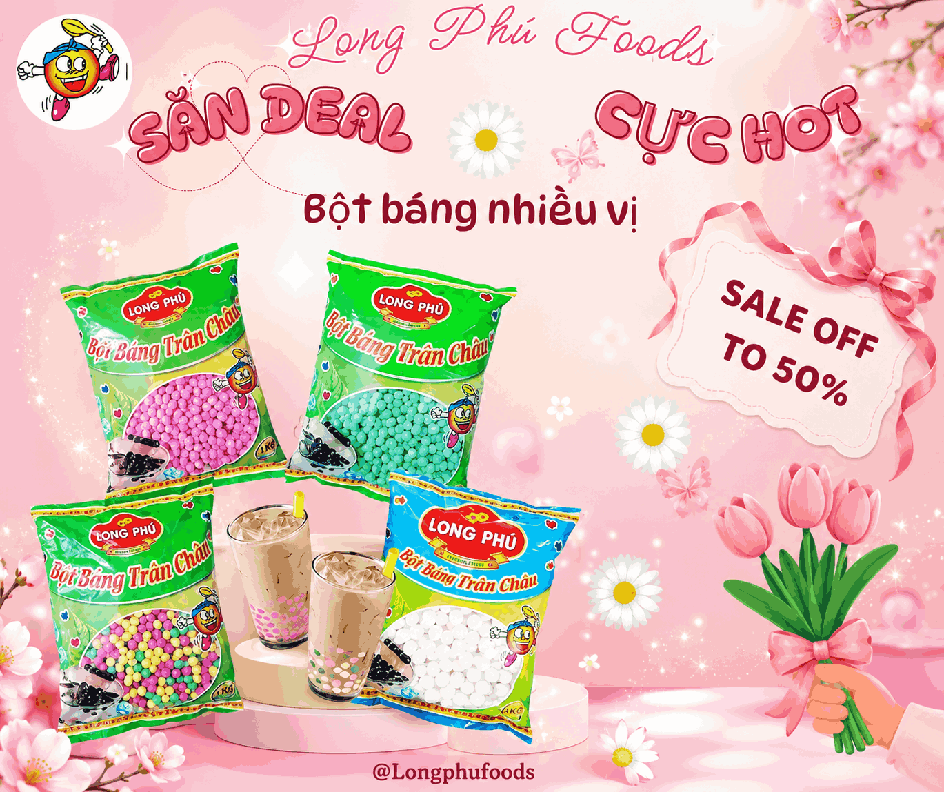 Bột Báng Trân châu Hương DÂU TÂY Đặc Biệt Long Phú gói 1kg - Size Trung - Không có vị ngọt