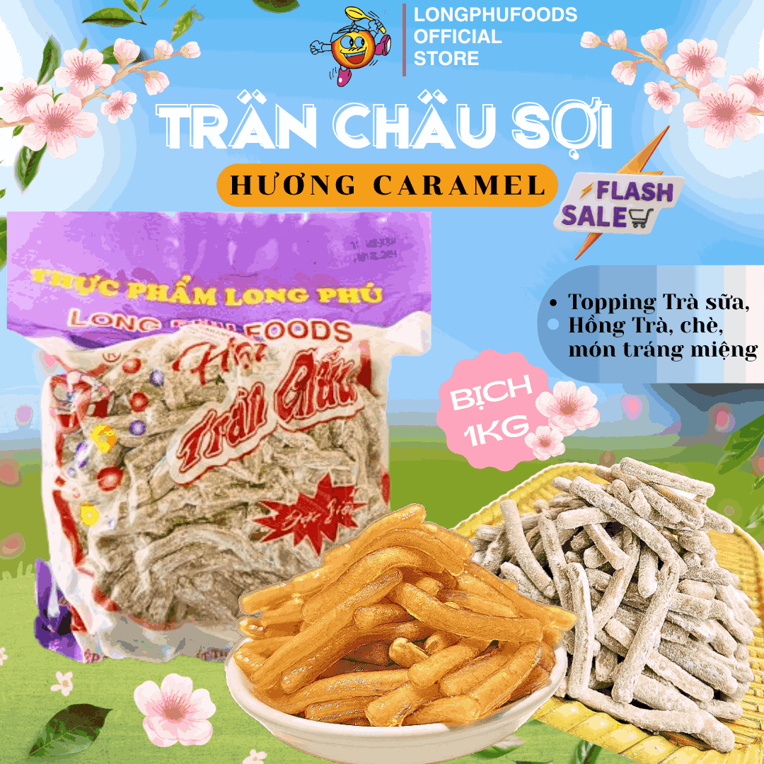 Trân châu Sợi Hương CARAMEL Đặc Biệt Long Phú gói 1kg - Size Sợi Trung - Không có vị ngọt