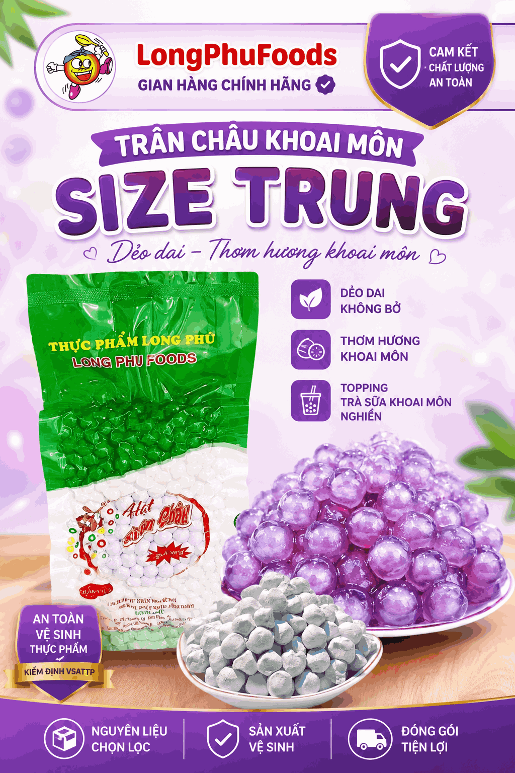 Trân châu KHOAI MÔN Đặc Biệt Long Phú gói 1kg - Size Trung Truyền thống - Không có vị ngọt