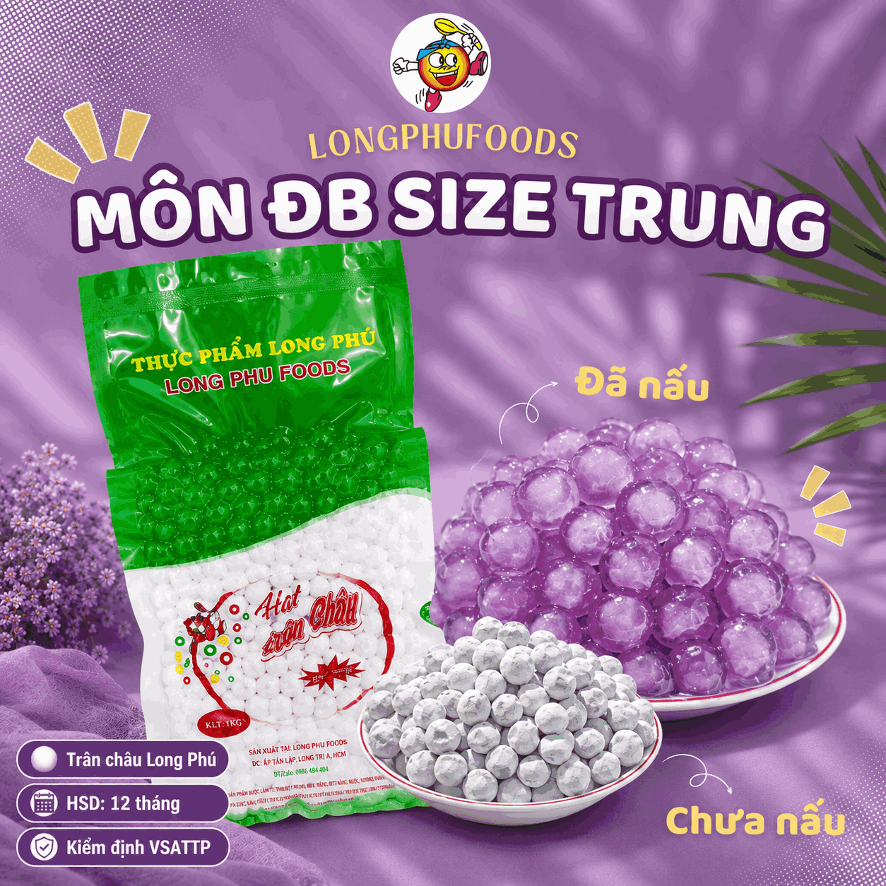 Trân châu KHOAI MÔN Đặc Biệt Long Phú gói 1kg - Size Trung Truyền thống - Không có vị ngọt