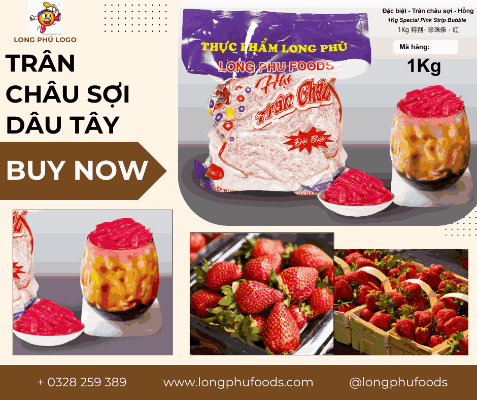 Trân châu Sợi Hương DÂU TÂY Đặc Biệt Long Phú gói 1kg - Size Sợi Trung - Không có vị ngọt