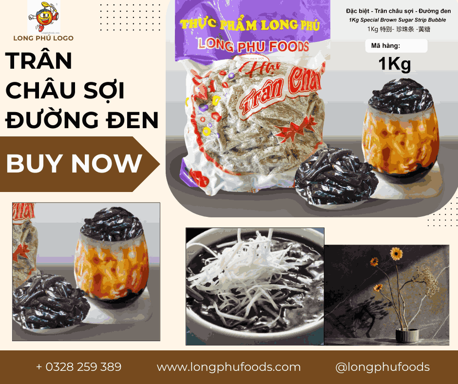 Trân châu Sợi Hương ĐƯỜNG ĐEN Đặc Biệt Long Phú gói 1kg - Size Sợi Trung - Không có vị ngọt