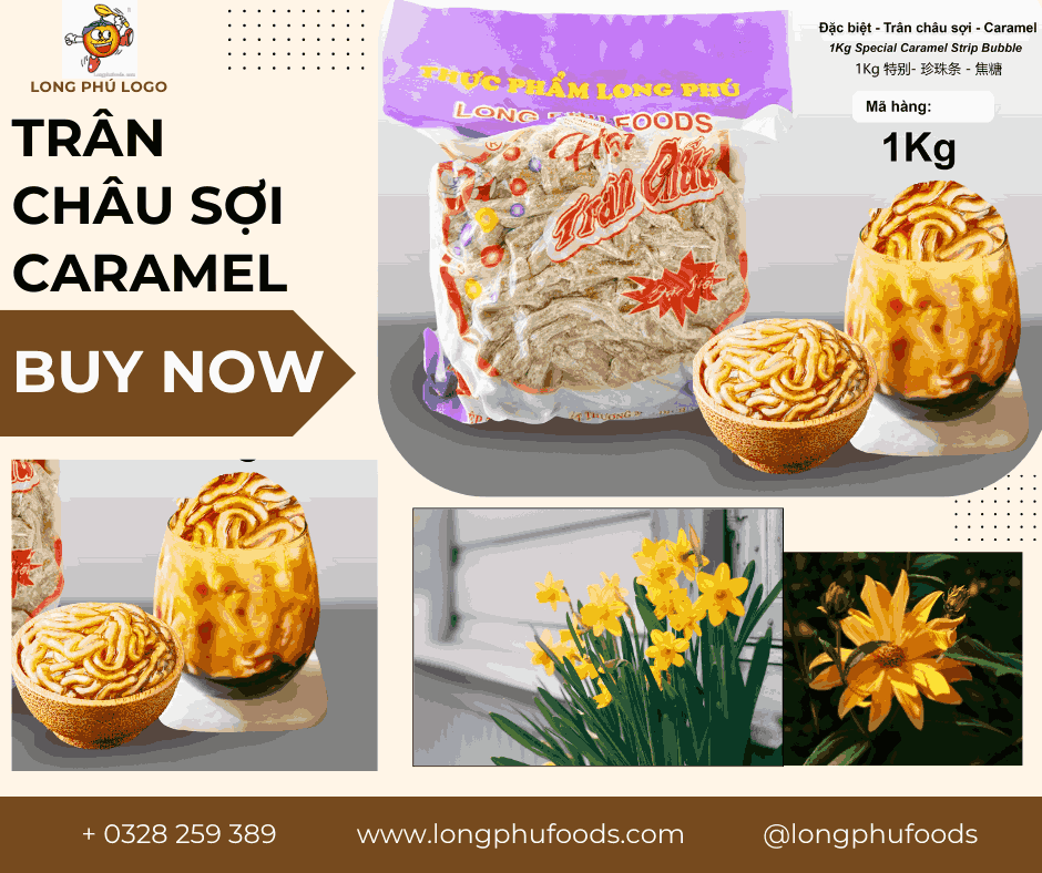 Trân châu Sợi Hương CARAMEL Đặc Biệt Long Phú gói 1kg - Size Sợi Trung - Không có vị ngọt