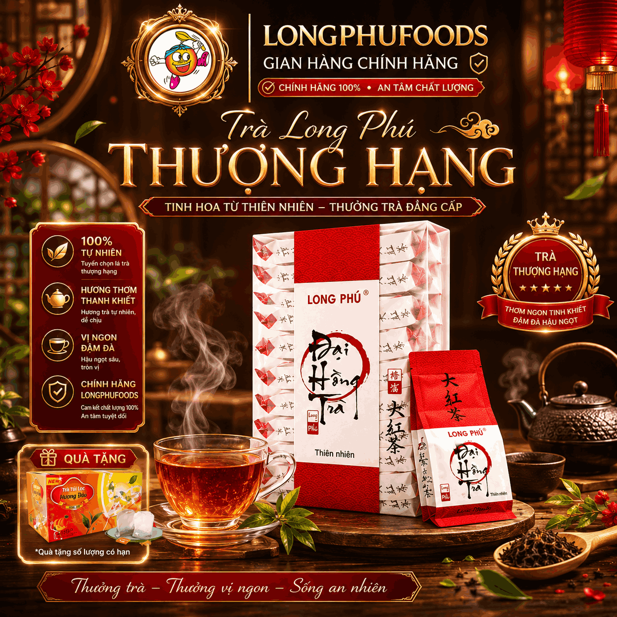 [Trà Xá Cao Cấp] ĐẠI HỒNG BÀO Long Phú Hộp ĐỎ 200gr (20 gói*10gr) - Trà Thượng Hạng - Đậm Đà Trọn vị Thơm ngon trong từng tách trà