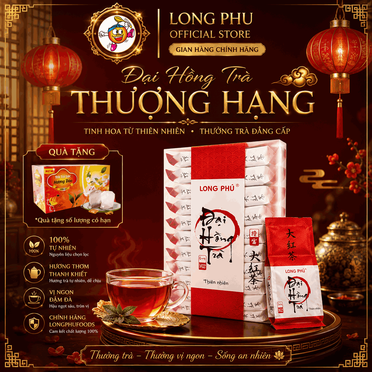 [Trà Xá Cao Cấp] ĐẠI HỒNG BÀO Long Phú Hộp ĐỎ 200gr (20 gói*10gr) - Trà Thượng Hạng - Đậm Đà Trọn vị Thơm ngon trong từng tách trà