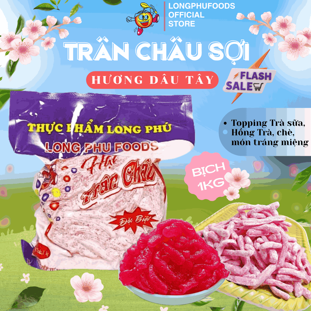 Trân châu Sợi Hương DÂU TÂY Đặc Biệt Long Phú gói 1kg - Size Sợi Trung - Không có vị ngọt