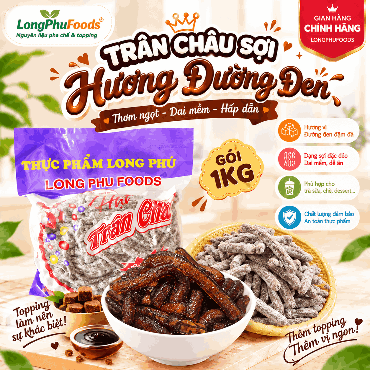 Trân châu Sợi Đặc Biệt Long Phú gói 1kg - Size Sợi Trung - Không có vị ngọt