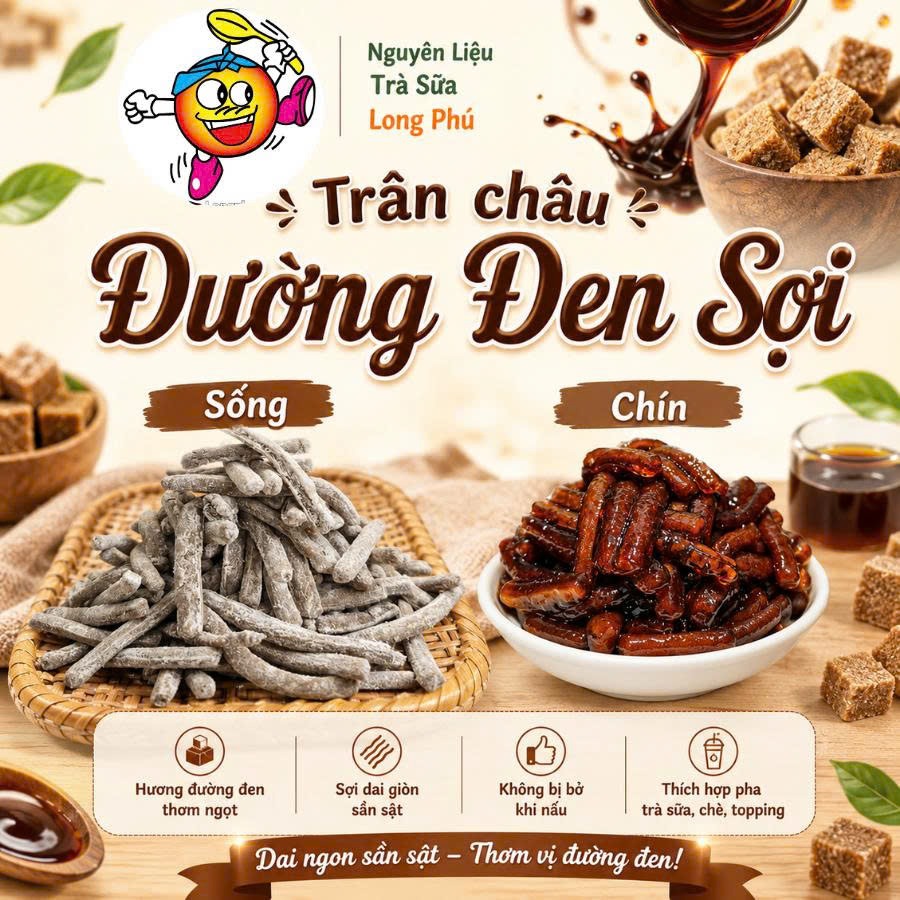 Trân châu Sợi Đặc Biệt Long Phú gói 1kg - Size Sợi Trung - Không có vị ngọt