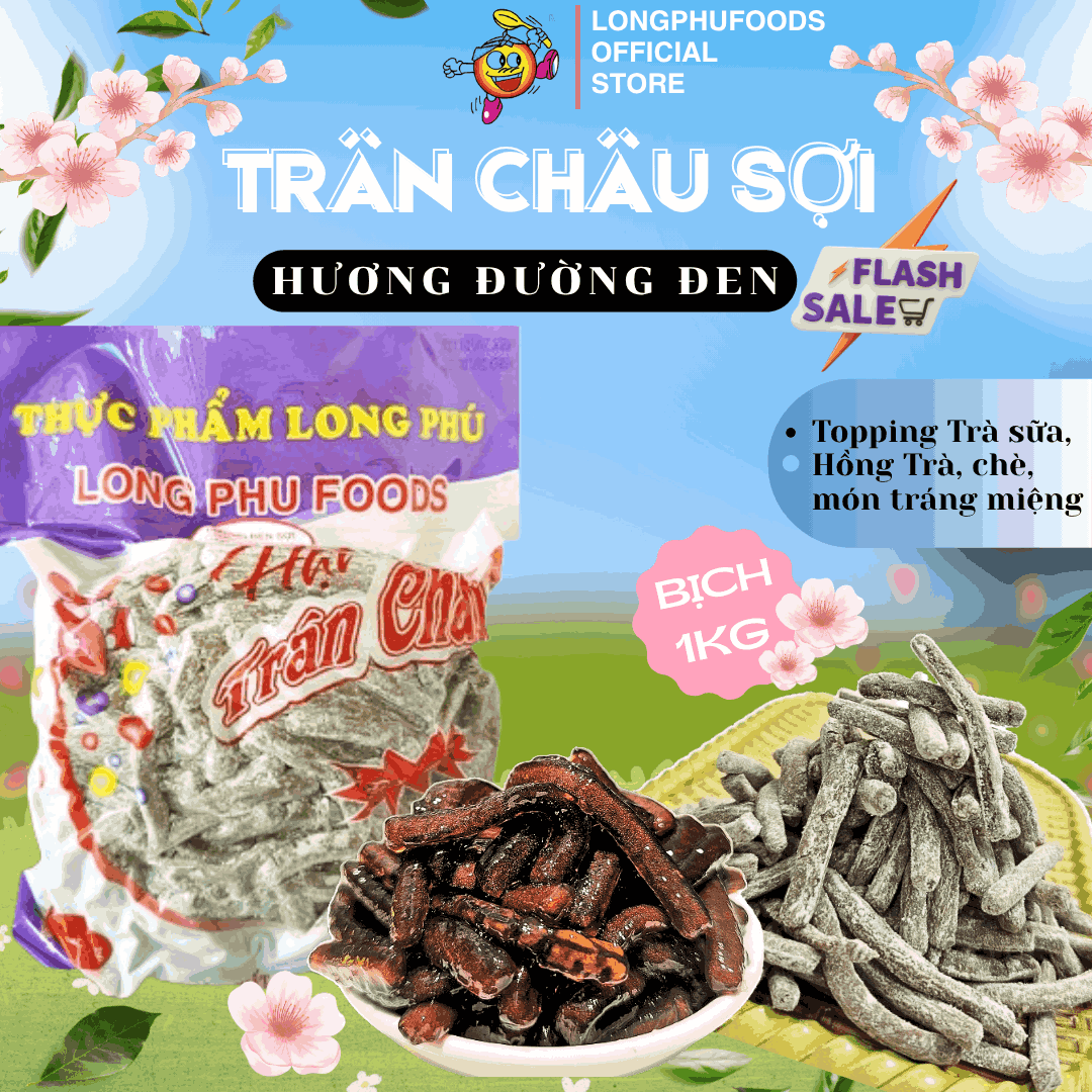 Trân châu Sợi Hương ĐƯỜNG ĐEN Đặc Biệt Long Phú gói 1kg - Size Sợi Trung - Không có vị ngọt