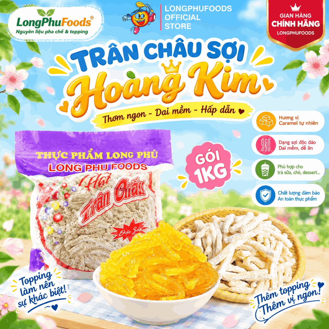 Trân châu Sợi Đặc Biệt Long Phú gói 1kg - Size Sợi Trung - Không có vị ngọt