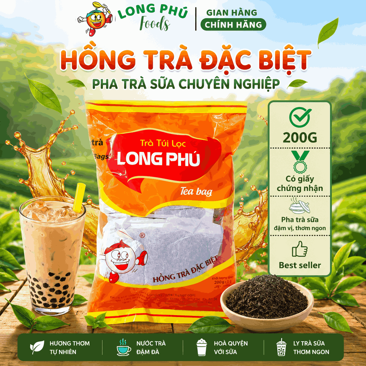 Hồng Trà ĐẶC BIỆT Túi lọc Long Phú gói 200gr (10gói*20gr) - Thơm ngon, đậm vị trà thiên nhiên