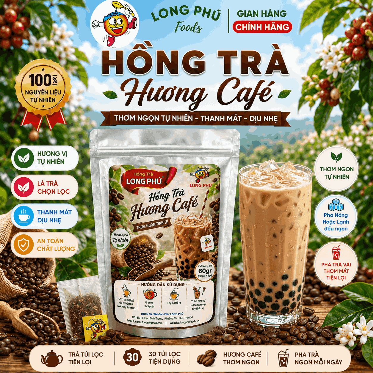 Hồng Trà Hương CAFE Túi Lọc MINI 2gr Long Phú – Gói 60gr (30 gói × 2gr, Thơm Hương Cafe, Đậm Vị Trà)