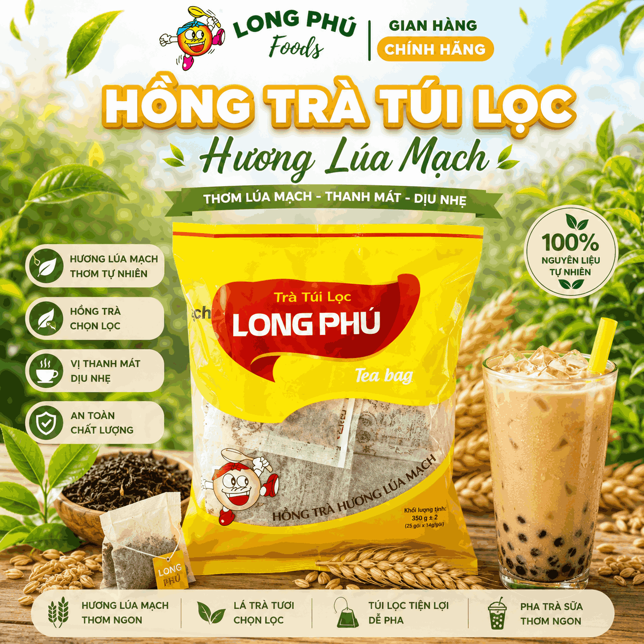 Hồng Trà LÚA MẠCH Đặc Biệt Túi lọc Long Phú gói 350gr (10gói*35gr) - Thơm hương Lúa Mạch, đậm vị trà thiên nhiên