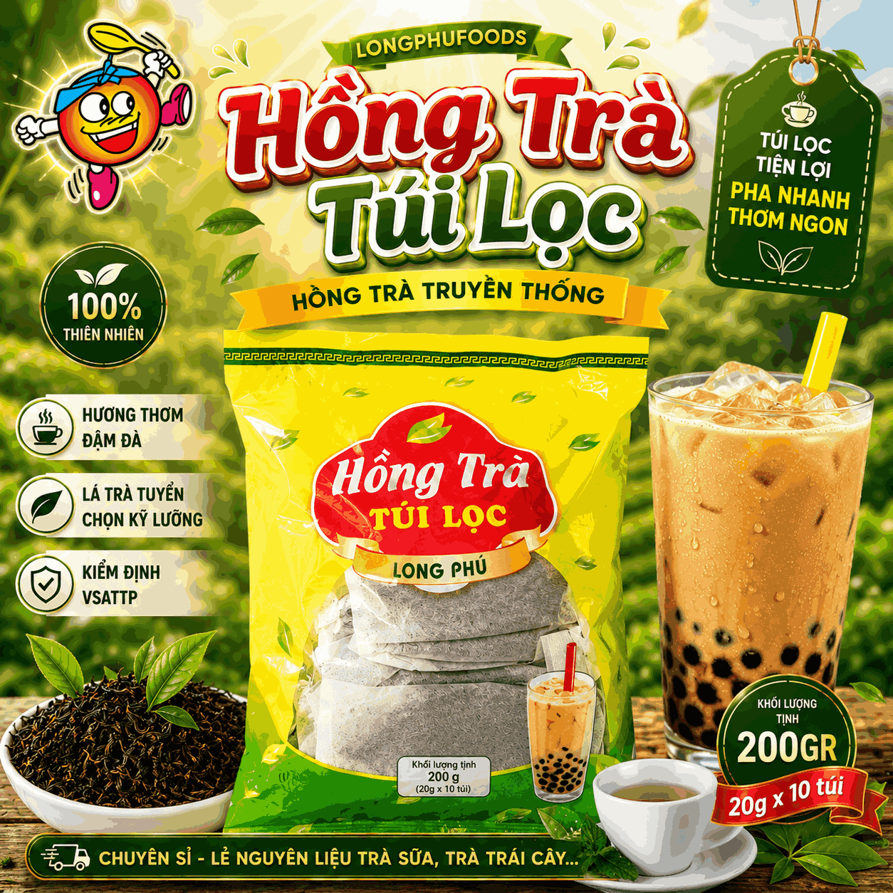 Hồng Trà TRUYỀN THỐNG Túi lọc Long Phú gói 200gr (10gói*20gr) - Thơm ngon, đậm vị trà thiên nhiên