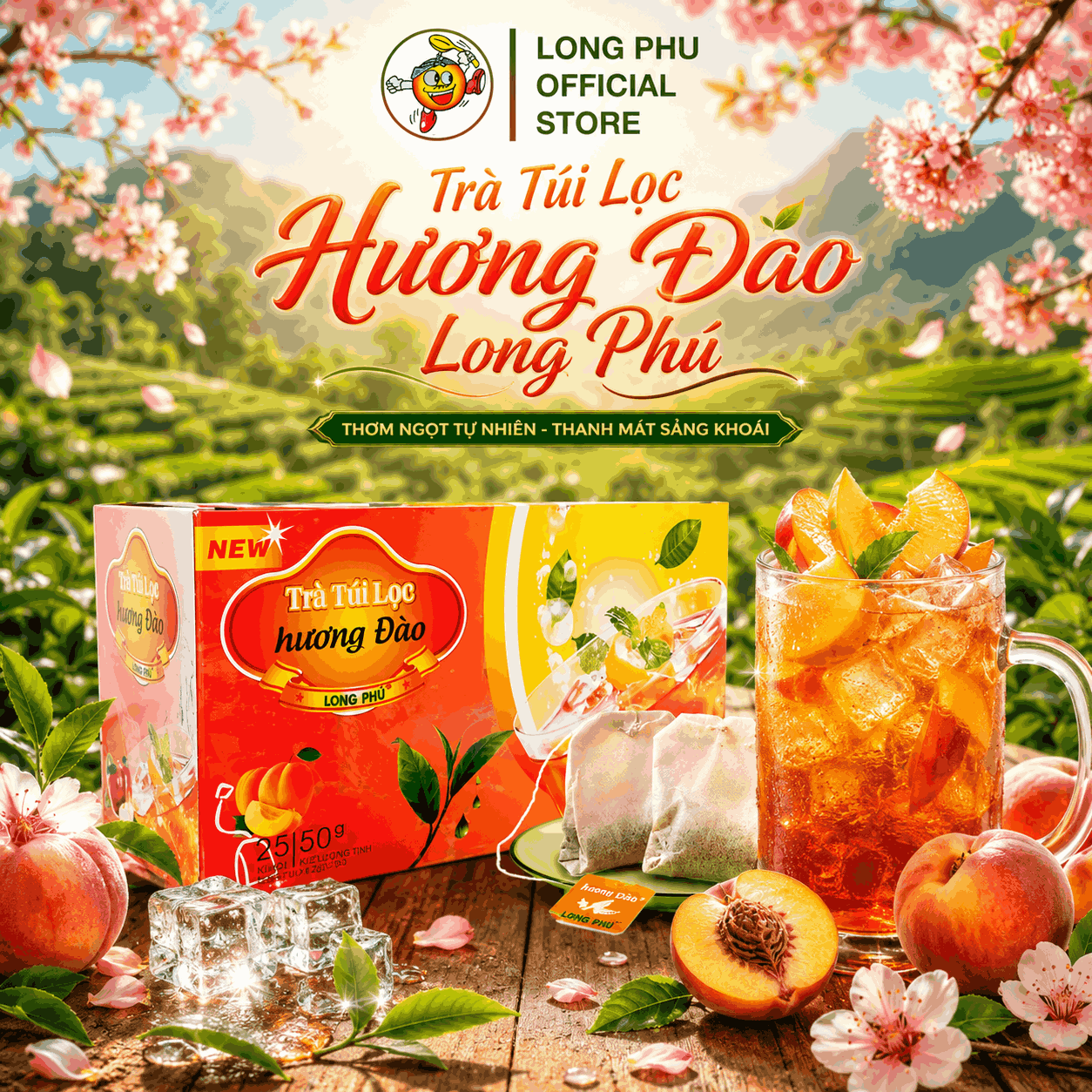 [Trà Đào Hộp] Trà ĐÀO Túi lọc Long Phú Hộp 50gr (25 gói*2gr) - Thơm Hương Đào mọng thiên nhiên