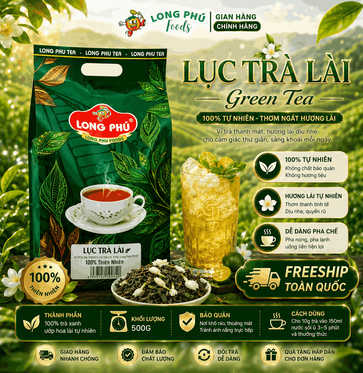 Lục Trà Lài (Trà Xá) Long Phú gói 500gr - Ngát hương trà xanh và hương lài thơm ngon, đậm vị trà thiên nhiên