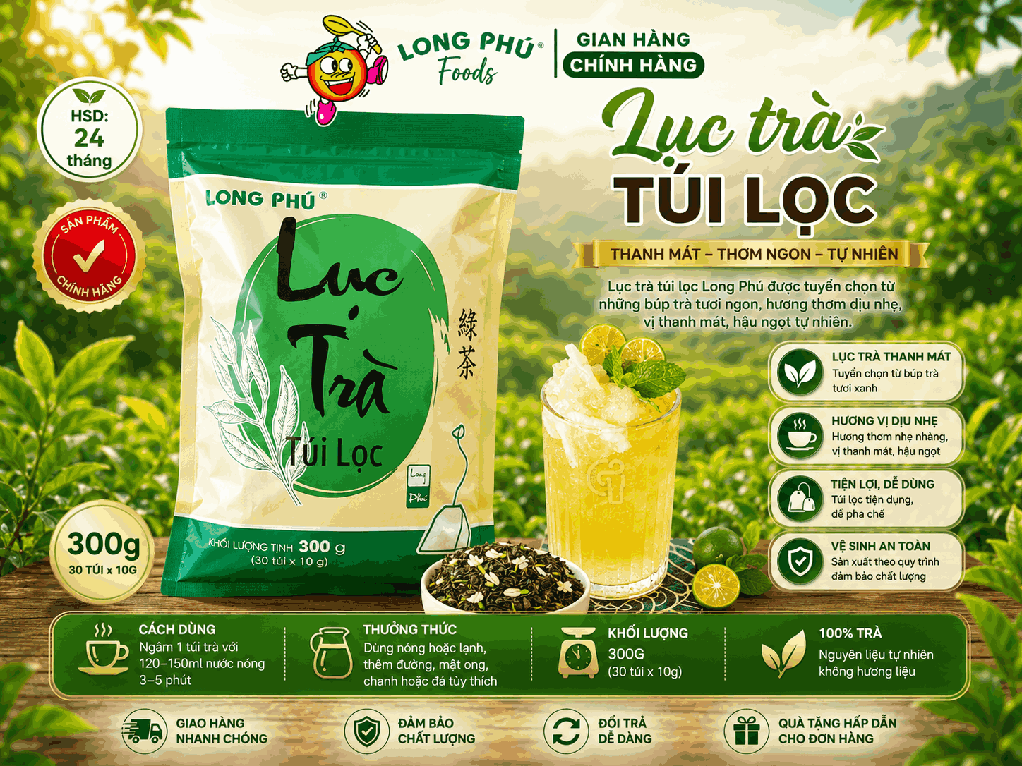 Lục Trà Túi lọc Long Phú gói 300gr (10gói*30gr) - Thơm ngon, đậm vị trà thiên nhiên