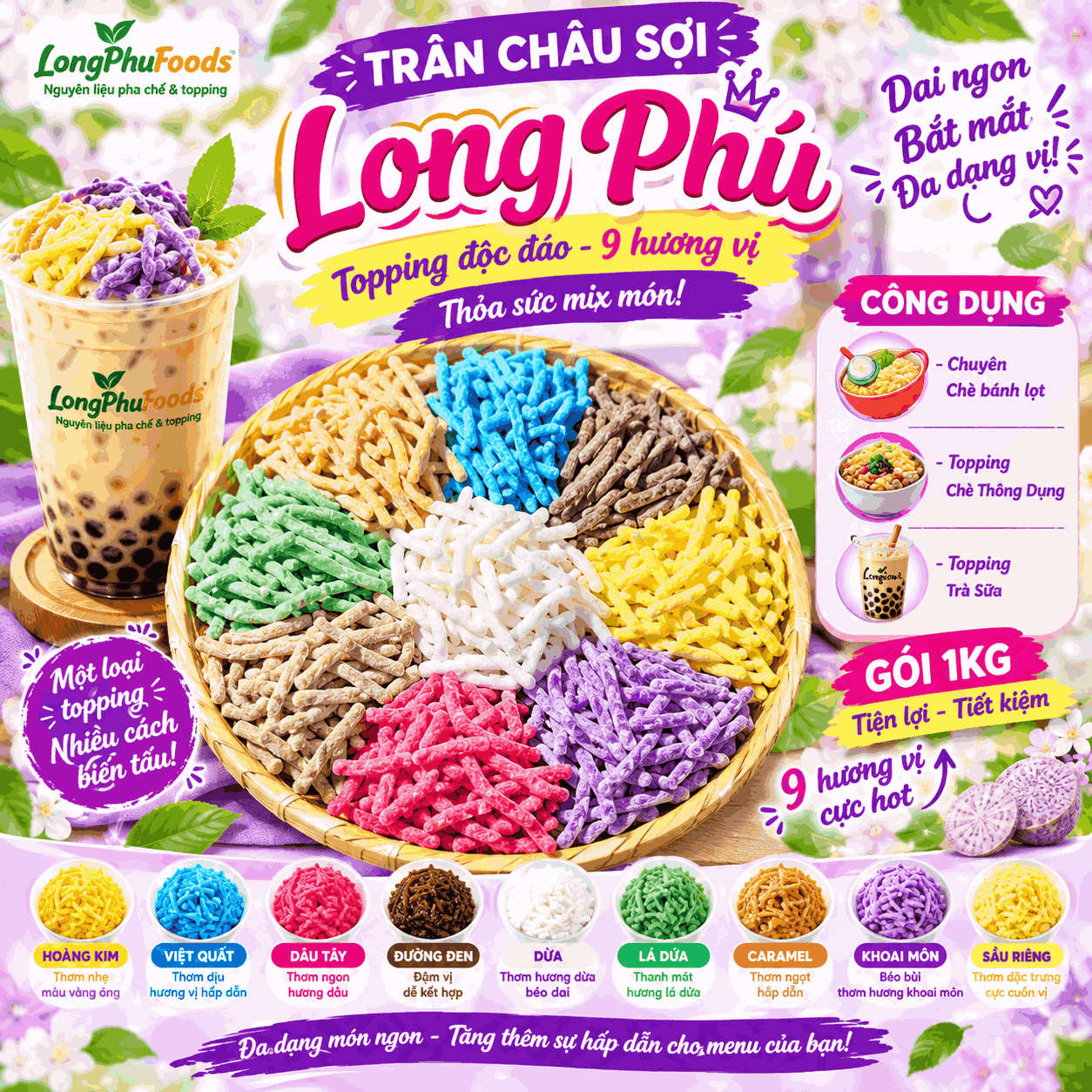 Trân châu Sợi Đặc Biệt Long Phú gói 1kg - Size Sợi Trung - Không có vị ngọt