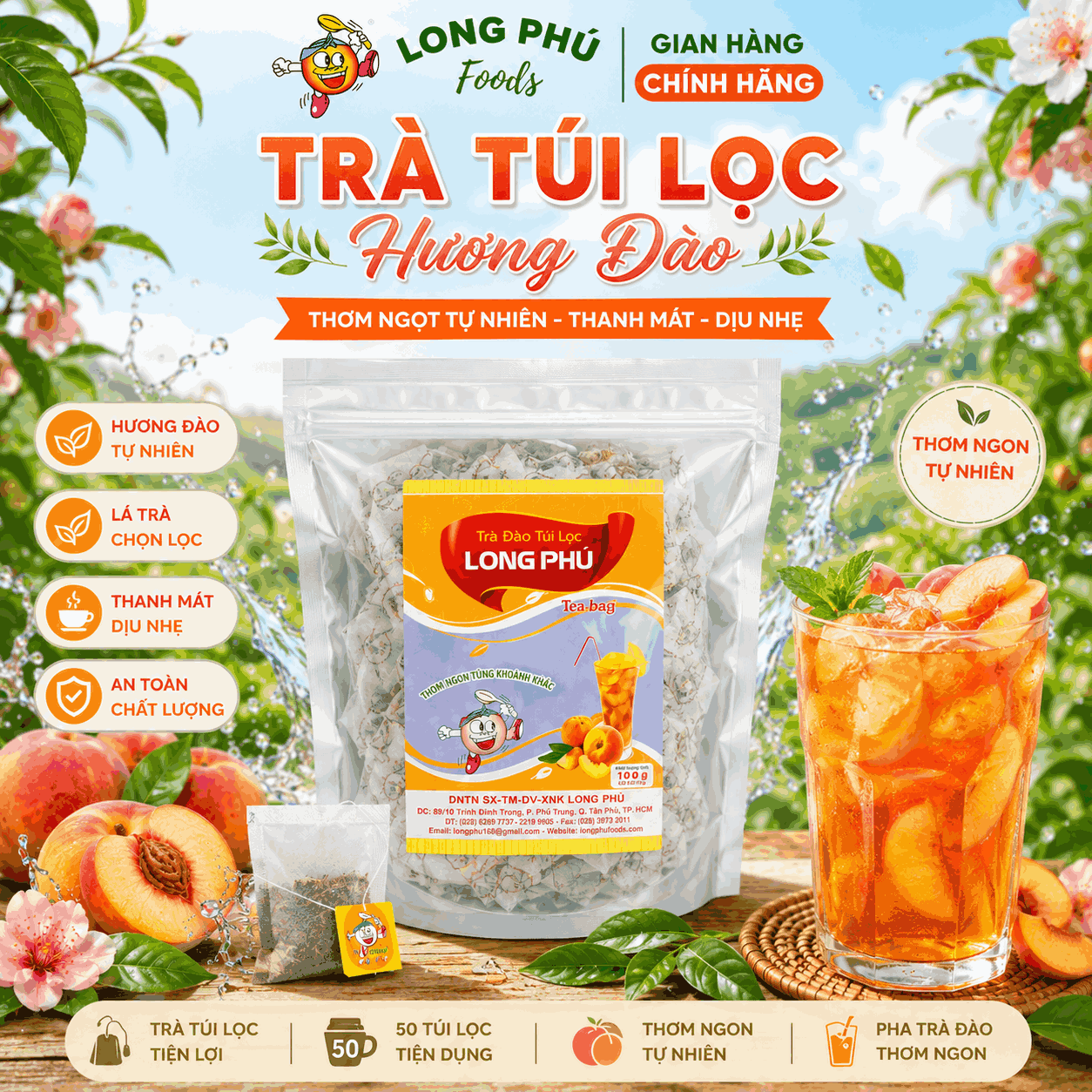Trà ĐÀO Túi lọc mini (túi bạc) Long Phú gói 100gr (50gói*2gr) - Thơm hương Đào, đậm vị trà thiên nhiên
