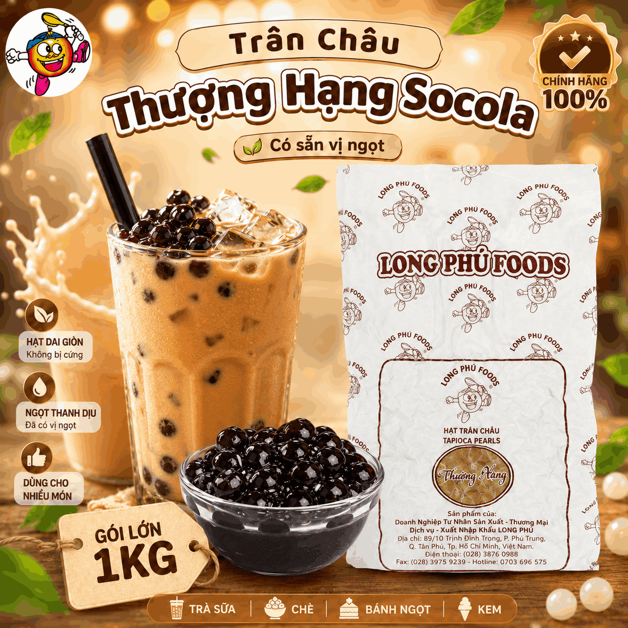 Trân châu Socola XO Thượng Hạng Long Phú gói 1kg - Size Trung Truyền thống - Có vị ngọt