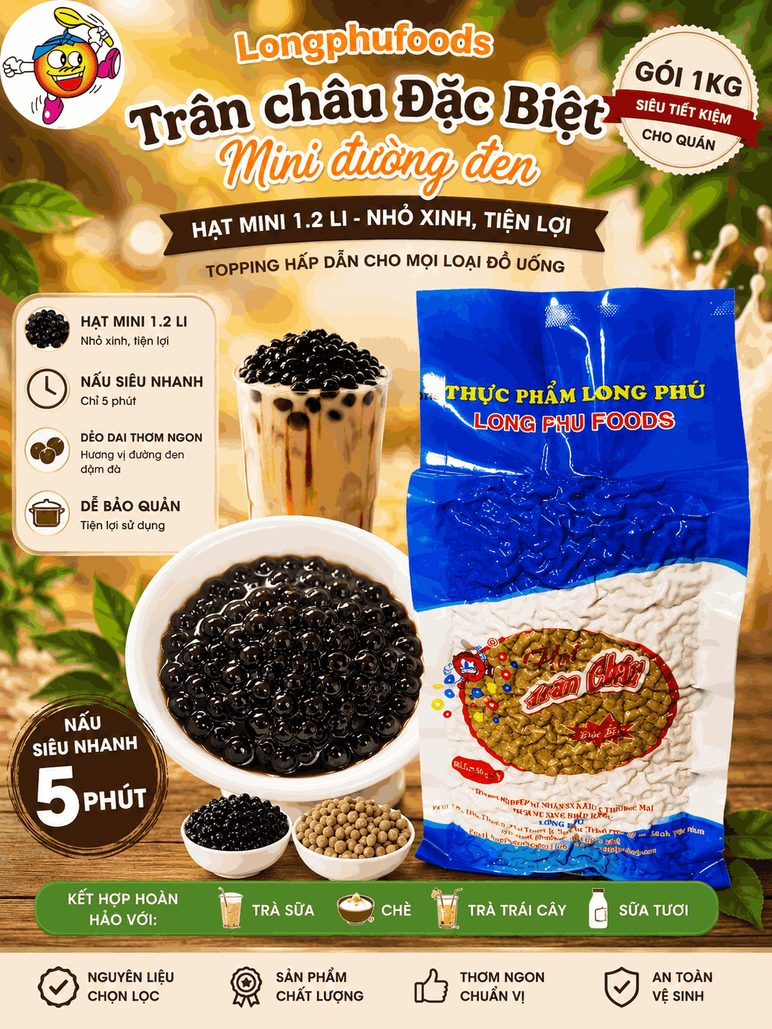 Trân châu Mini ĐƯỜNG ĐEN Đặc Biệt Long Phú gói 1kg - Size mini (hạt tiêu) 1.2li - Không có vị ngọt