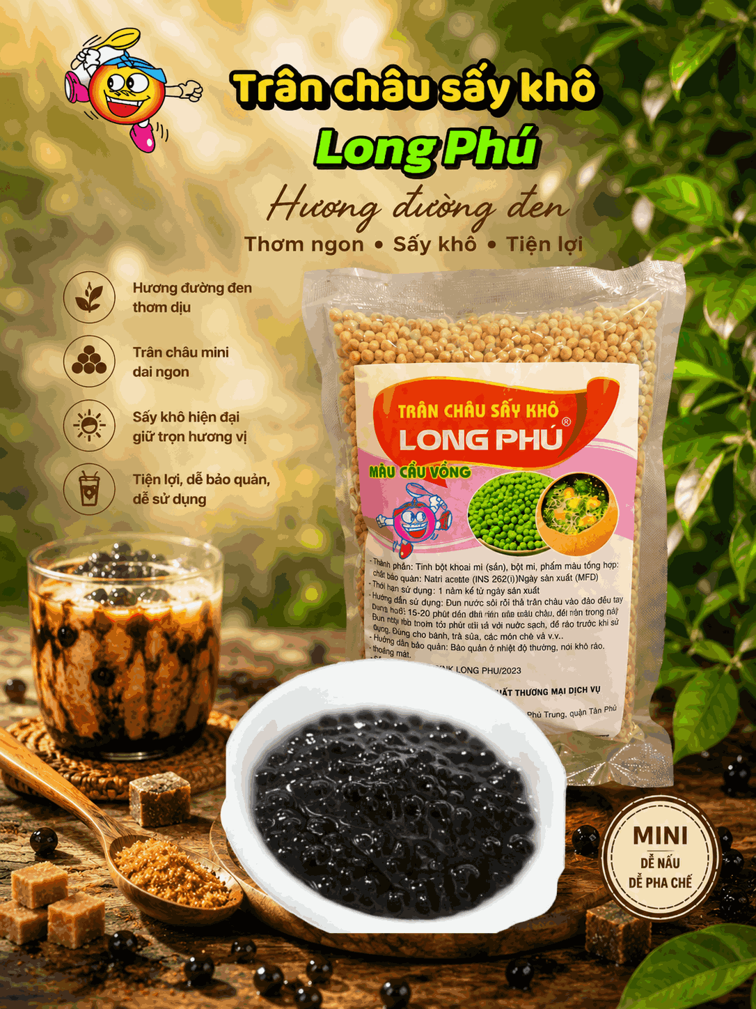 Trân châu SẤY KHÔ Hương ĐƯỜNG ĐEN Long Phú gói 300gr - Size mini (hạt tiêu) 1.2li - Không có vị ngọt