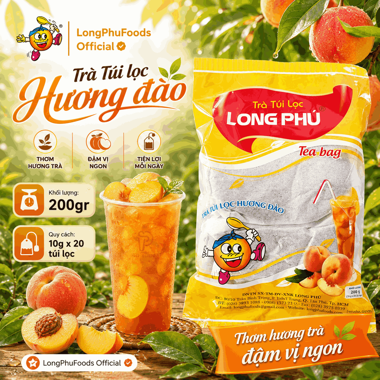 Trà ĐÀO Túi lọc Long Phú gói 200gr (10gói*20gr) - Thơm hương Đào, đậm vị trà thiên nhiên