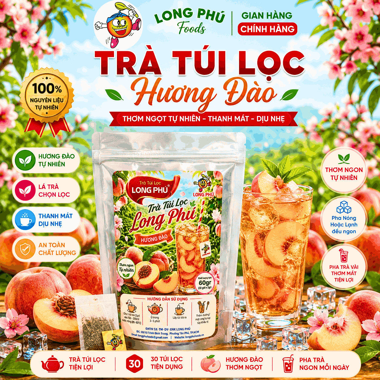 Trà ĐÀO Túi Lọc MINI 2gr Long Phú – Gói 60gr (30 gói × 2gr, Thơm Hương Đào, Đậm Vị Trà)