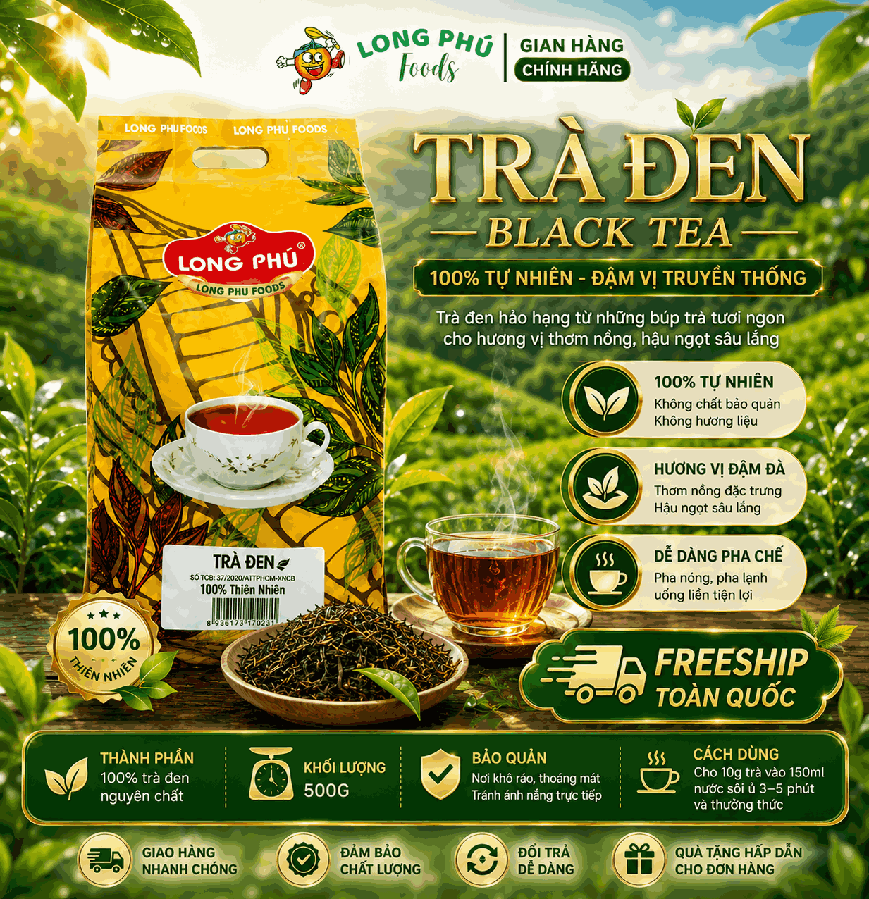 Trà ĐEN (Trà Xá) Long Phú gói 500gr - Black Tea - Ngát hương trà thơm ngon, đậm vị trà thiên nhiên