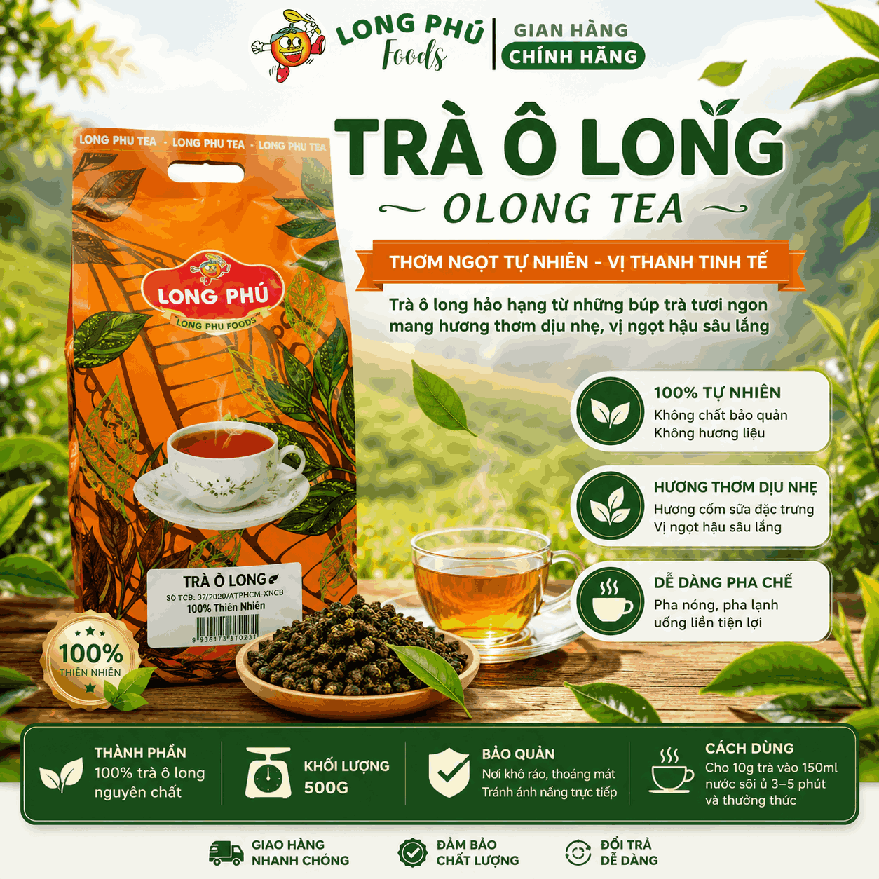 TRÀ Ô LONG (TRÀ XÁ) Long Phú gói 500gr - Black Tea - Ngát hương trà thơm ngon, đậm vị trà thiên nhiên