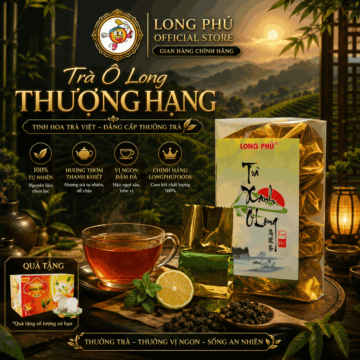 [Trà Xá Cao Cấp] Trà Ô LONG Thượng hạng Long Phú Hộp Vàng 200gr (20 gói*10gr) - Trà Thượng Hạng - Ngát hương Trà Ô Long Đậm vị, tinh tế trong từng giọt trà thơm ngon