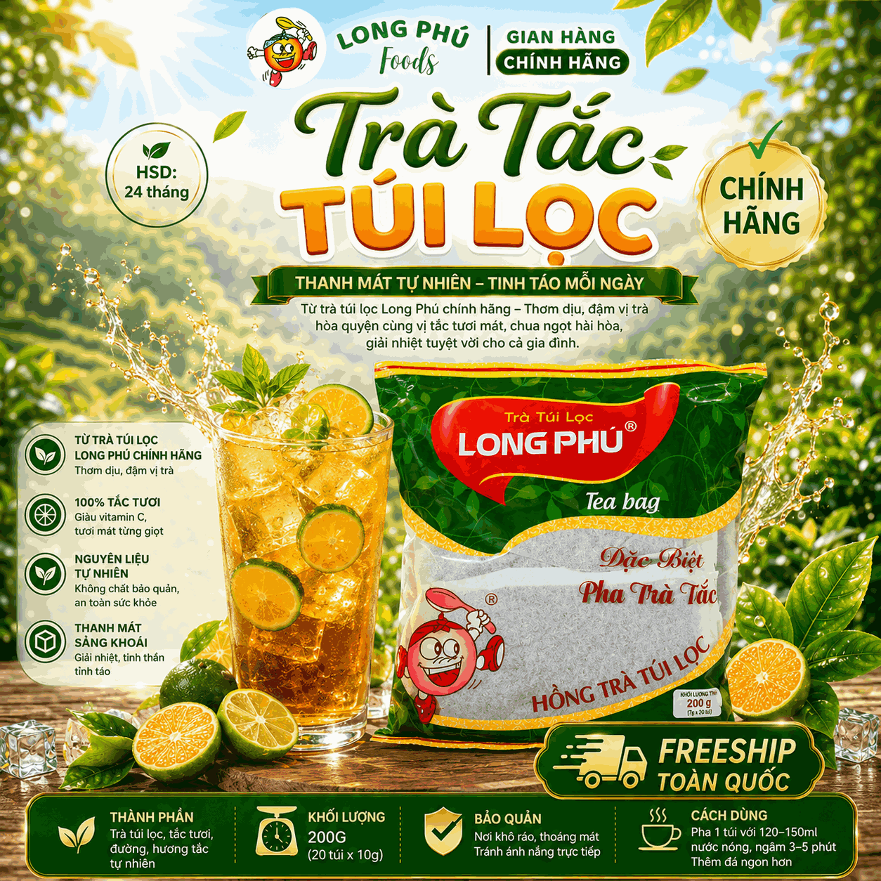 Hồng Trà TẮC ĐẶC BIỆT Túi lọc Long Phú gói 200gr (10gói*20gr) - Thơm hương Tắc, đậm vị trà thiên nhiên