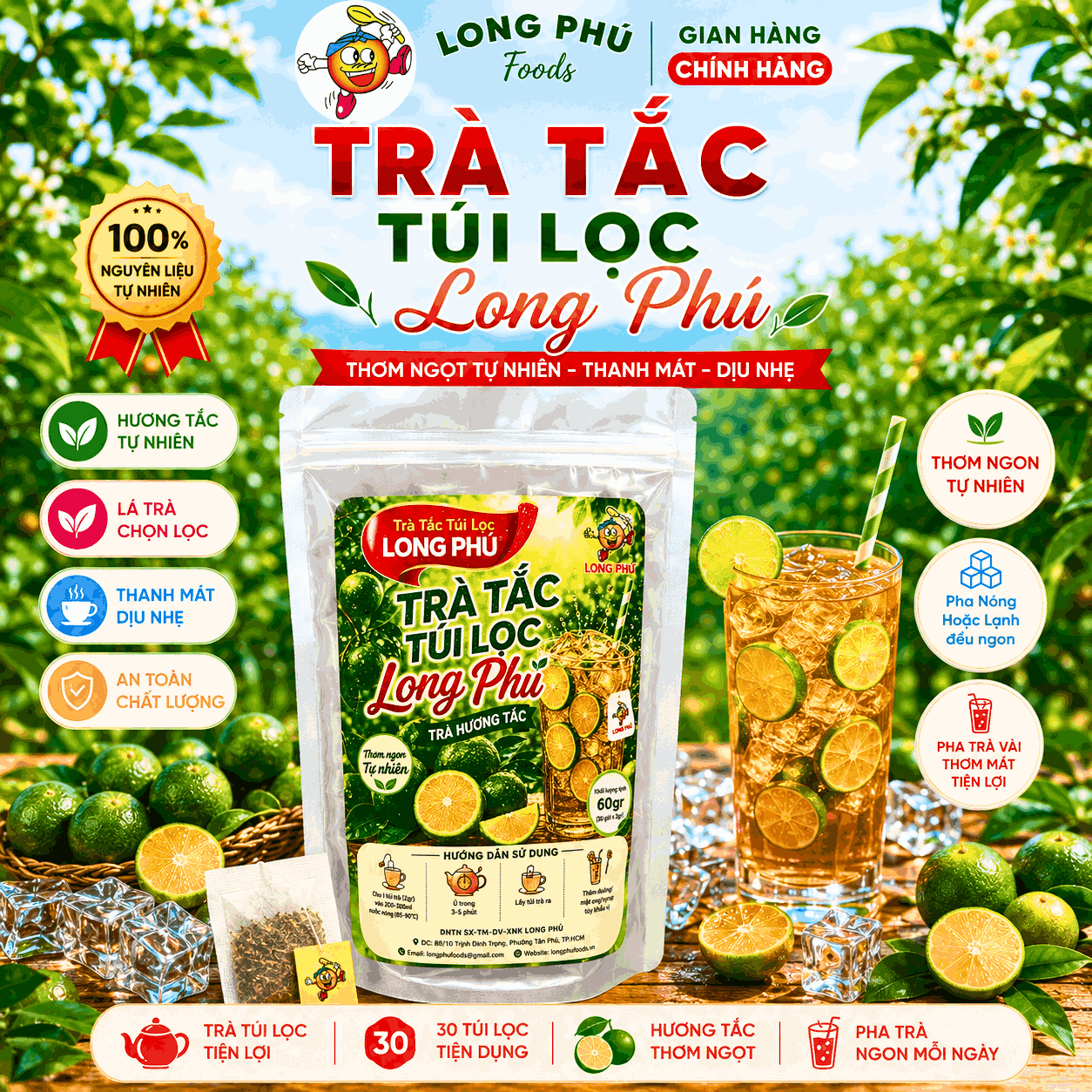 Trà TẮC Túi Lọc MINI 2gr Long Phú – Gói 60gr (30 gói × 2gr, Thơm Hương Tắc Tươi Mát, Vị Chua Thanh, Đậm Vị Trà)