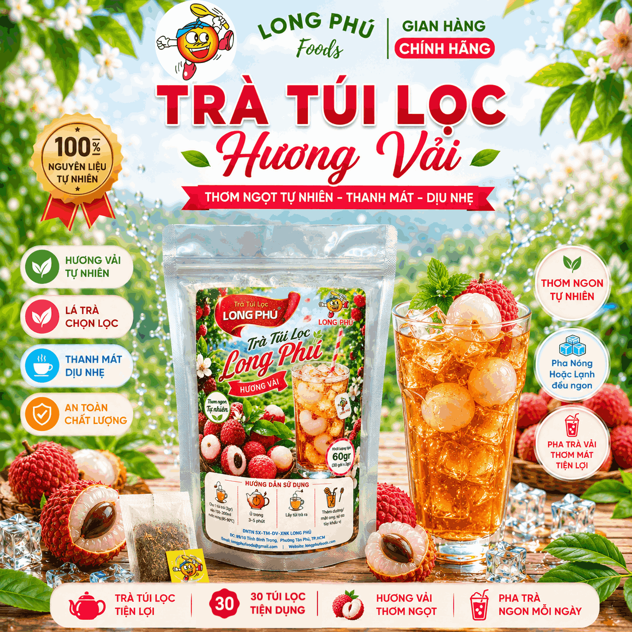 Trà VẢI Túi Lọc MINI 2gr Long Phú – Gói 60gr (30 gói × 2gr, Thơm Hương Vải Tươi Mát Thanh Ngọt, Đậm Vị Trà)