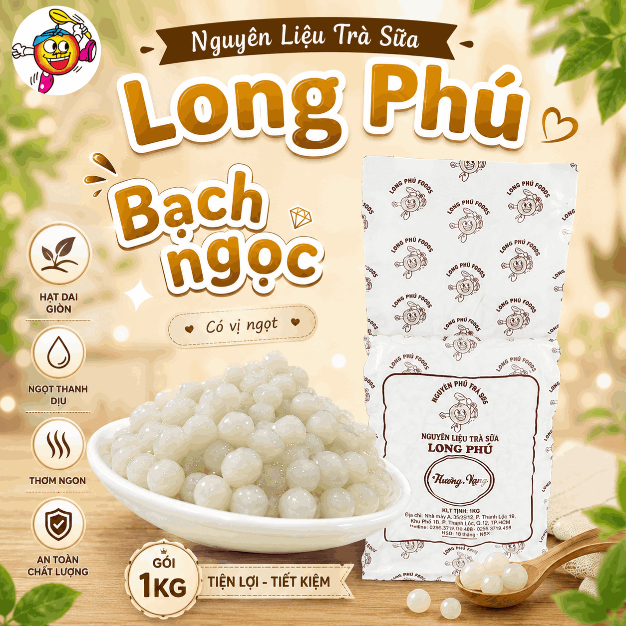 Trân châu TRẮNG BẠCH NGỌC Thượng Hạng Long Phú gói 1kg - Size Trung Truyền thống - Có vị ngọt