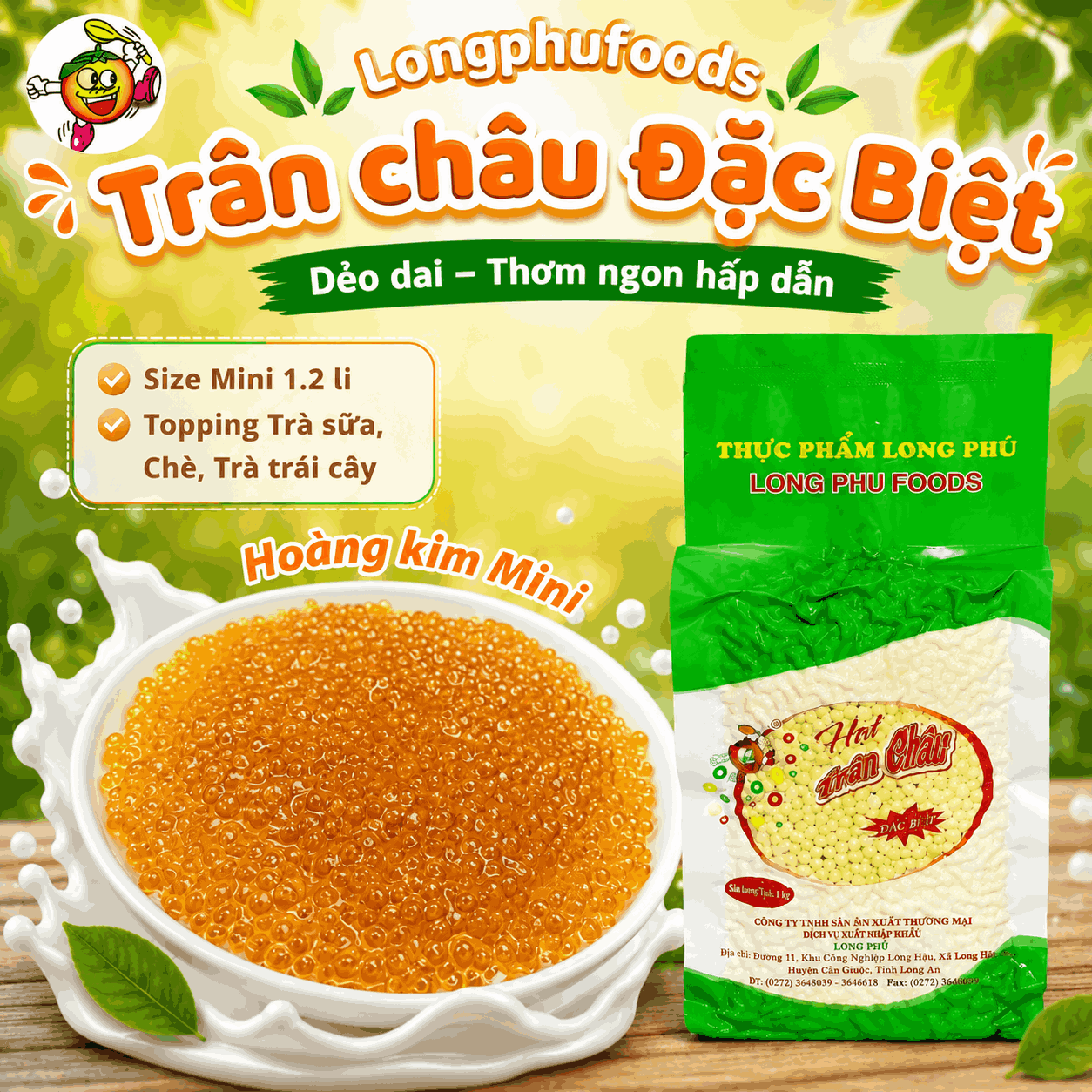 Trân châu Mini HOÀNG KIM Đặc Biệt Long Phú gói 1kg - Size mini (hạt tiêu) 1.2li - Không có vị ngọt