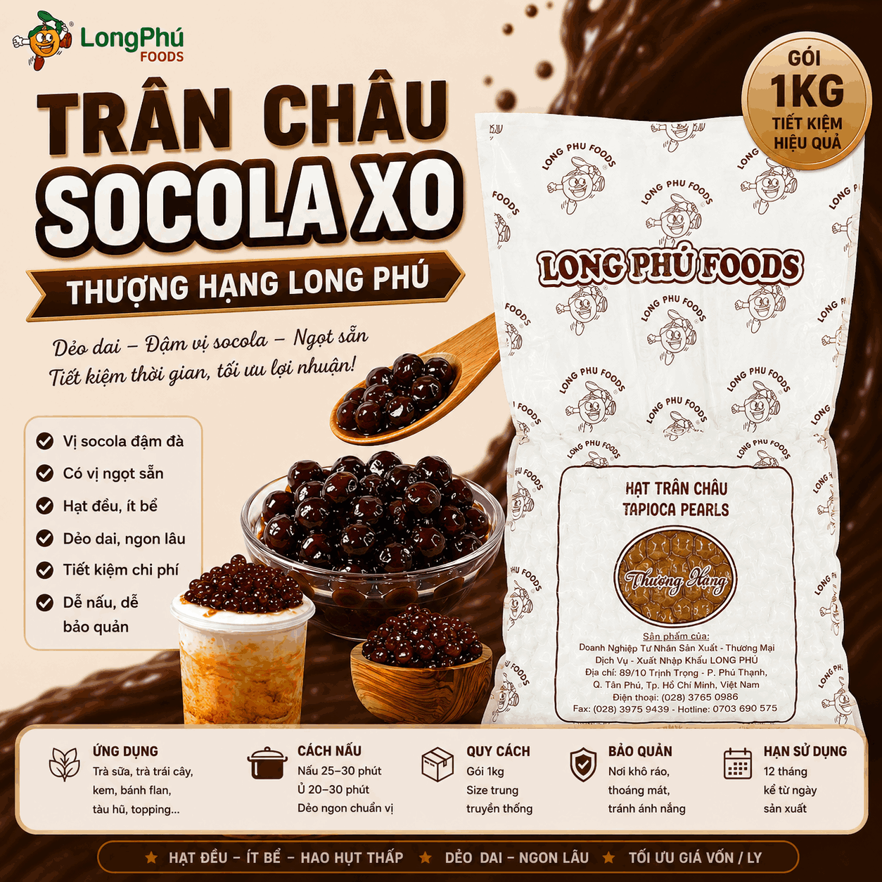 Trân châu Socola XO Thượng Hạng Long Phú gói 1kg - Size Trung Truyền thống - Có vị ngọt