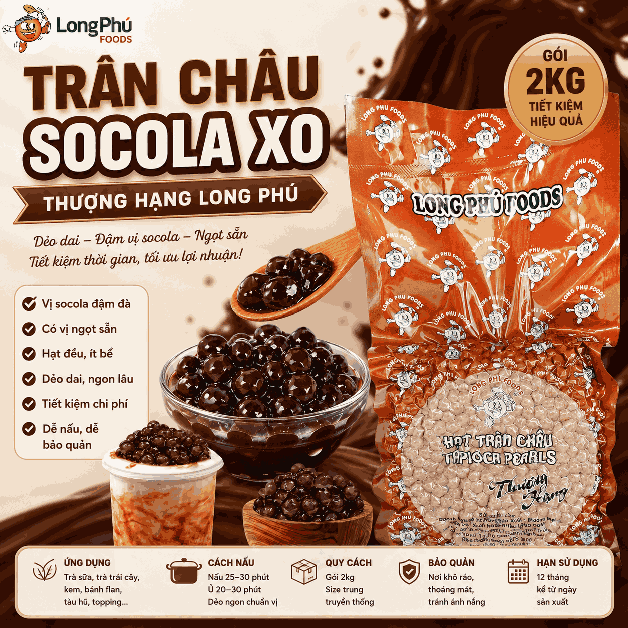 Trân châu Socola XO Thượng Hạng Long Phú gói 2kg - Size Trung Truyền thống - Có vị ngọt