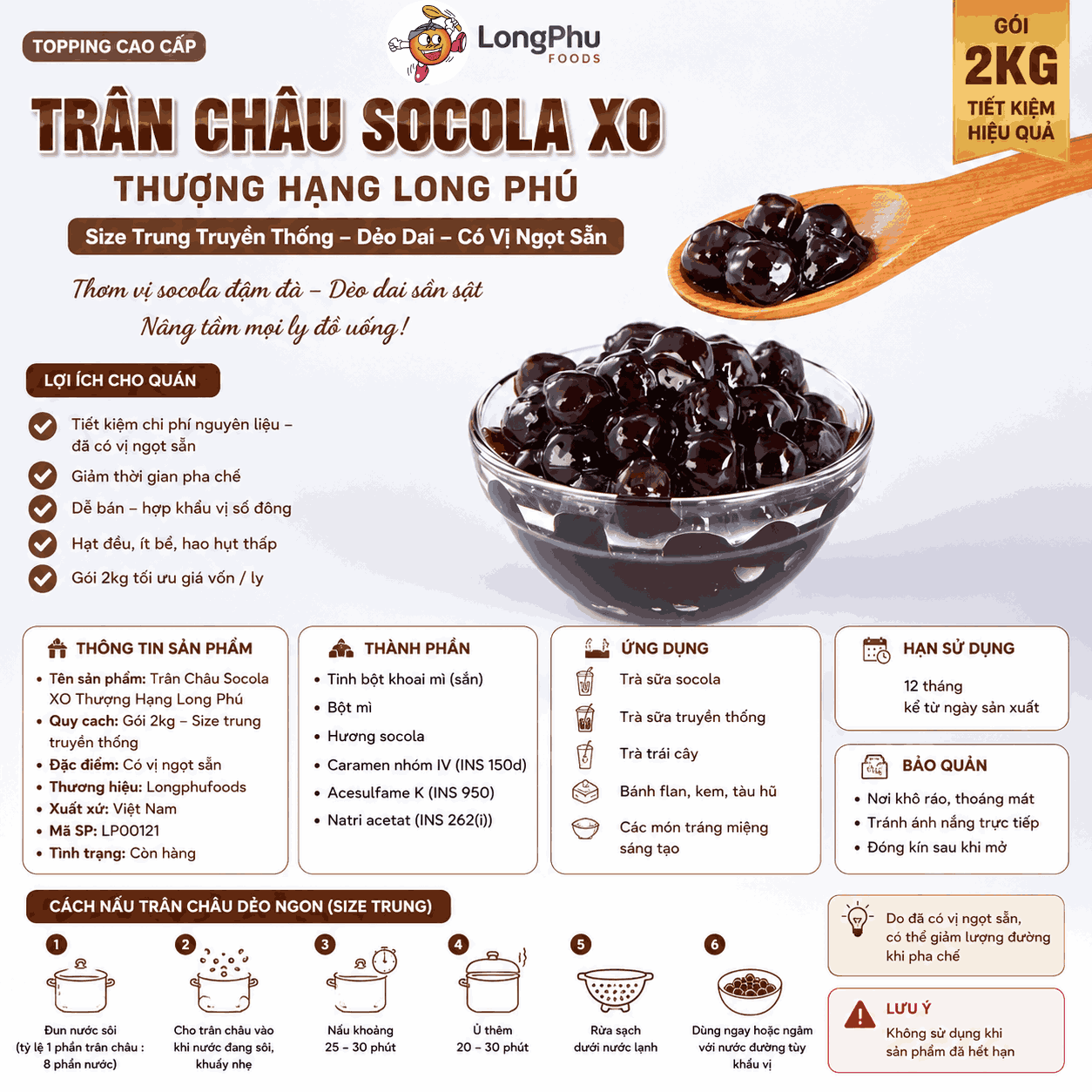 Trân châu Socola XO Thượng Hạng Long Phú gói 2kg - Size Trung Truyền thống - Có vị ngọt