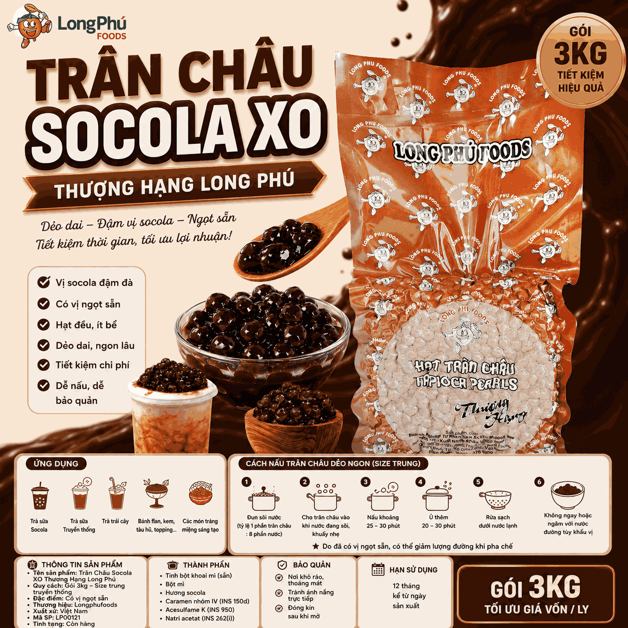 Trân châu Socola XO Thượng Hạng Long Phú gói 3kg - Size Trung Truyền thống - Có vị ngọt