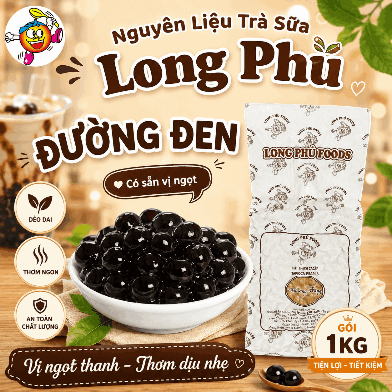 Trân châu ĐƯỜNG ĐEN Thượng Hạng Long Phú gói 1kg - Size Trung Truyền thống - Có vị ngọt