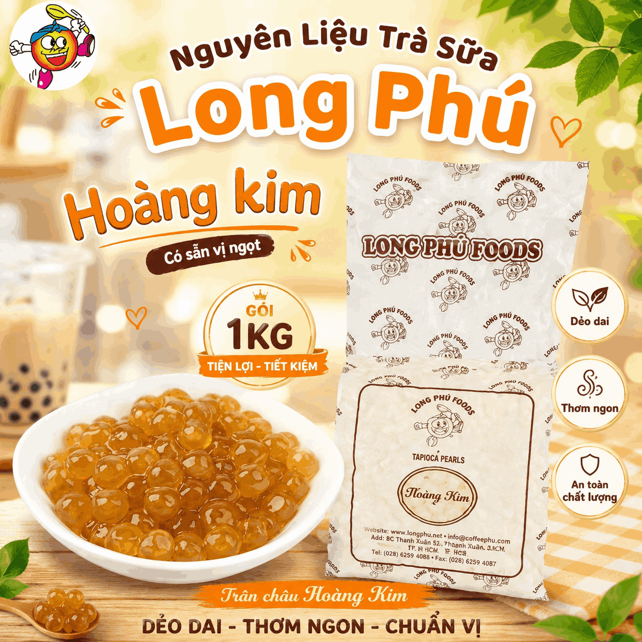 Trân châu HOÀNG KIM Thượng Hạng Long Phú gói 1kg - Size Trung Truyền thống - Có vị ngọt